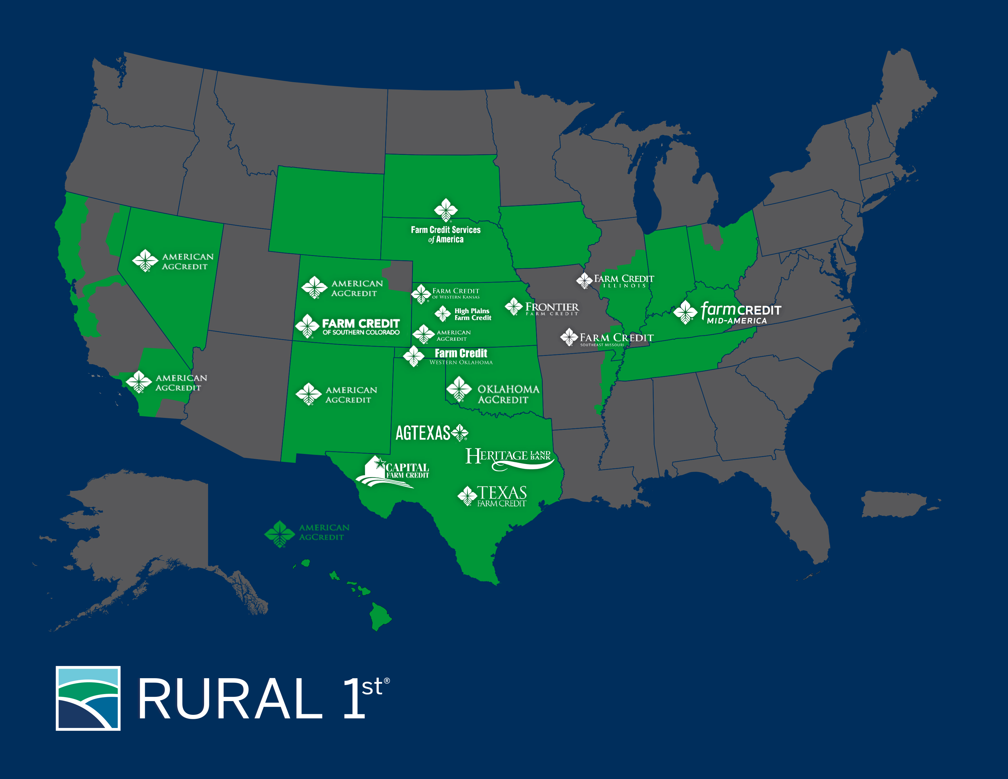 A United States map displaying Rural 1st's locations and partner Farm Credit associations.