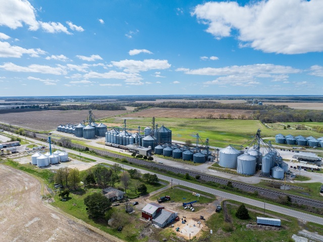 Aerial view of rice and grain elevator