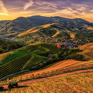 Aerial of a European farm town.